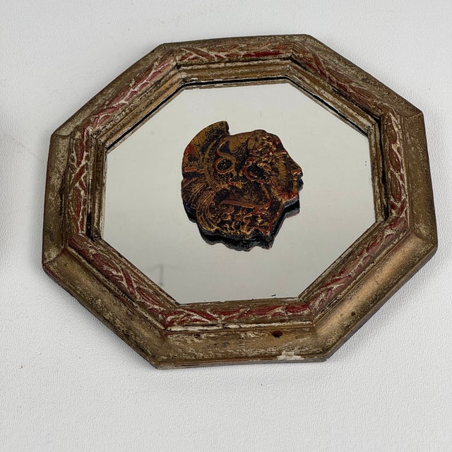 Glass Set of 3 Vintage Small Italian Octagonal Shaped Mirrors With Themed Medallions in the Center For Sale - Image 7 of 12