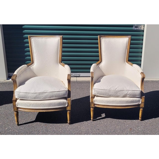 White Pair Mid Century 1950s Arm Chairs White Moire Fabric For Sale - Image 8 of 11