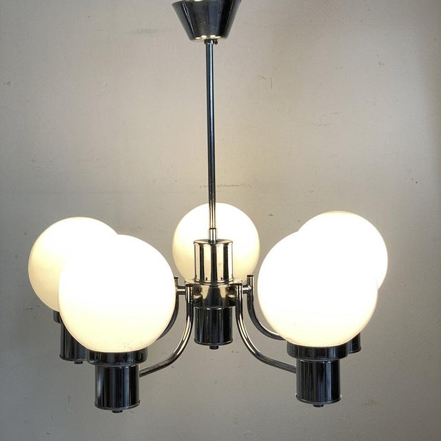 Silver Vintage Chrome and White Glass Pendant Light, 1970s For Sale - Image 8 of 12