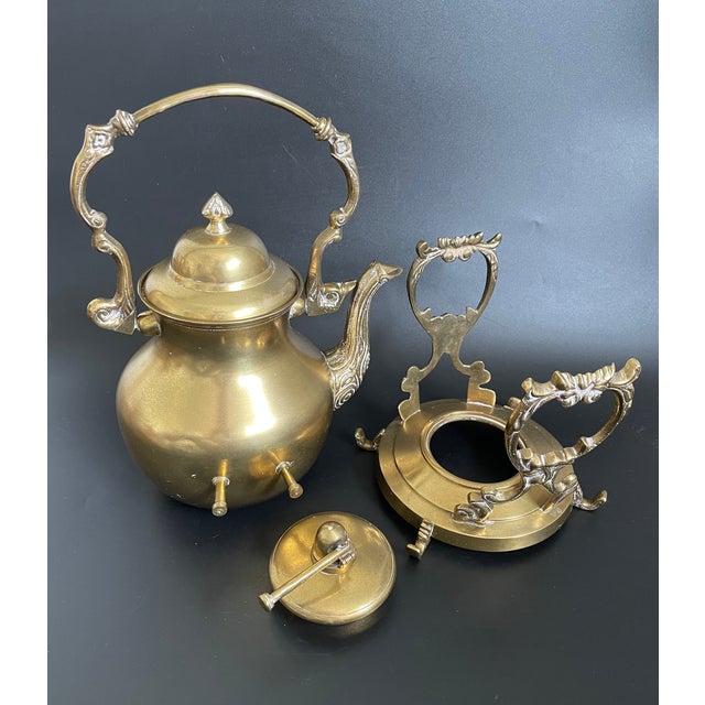 Metal Antique Ornate Brass Tilting Teapot With Stand and Warmer For Sale - Image 7 of 15