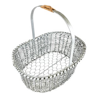 90s Artisan Silver Tone Zinc Top Handle Egg Basket For Sale