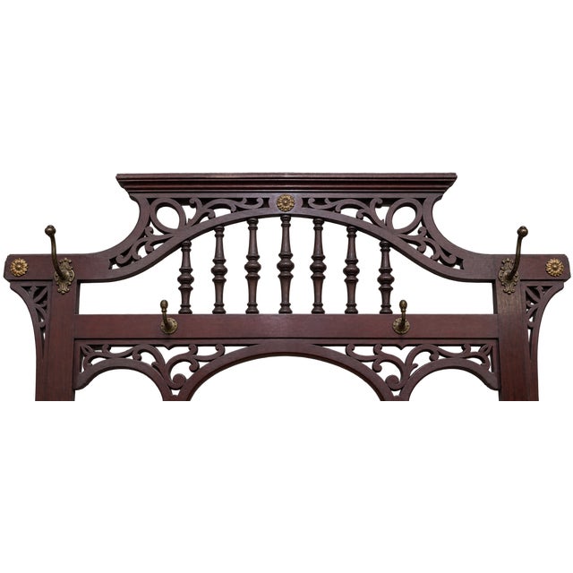 Antique Victorian Mahogany Hall Tree With Mirror, Drawer & Brass Hooks For Sale In Los Angeles - Image 6 of 6
