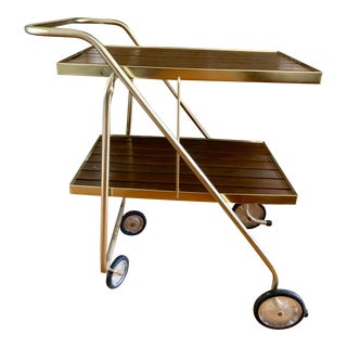 Midcentury Danish Wood & Brass Serving Cart For Sale