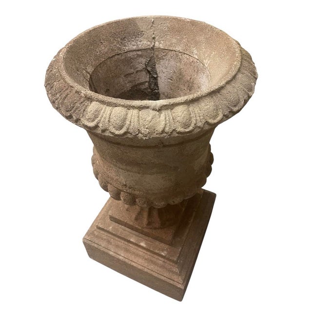 Greige Pair of Neoclassical Style Weathered Cast Stone Campana Urns on Pedestals For Sale - Image 8 of 12