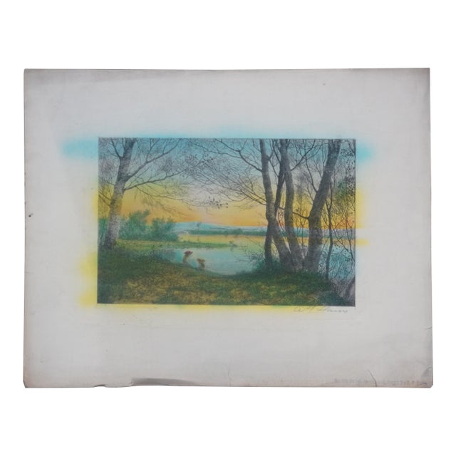 Antique Arthur Fuller Davis Signed Colored on the River Bank Etching 18" For Sale