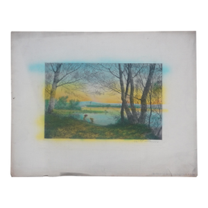 Antique Arthur Fuller Davis Signed Colored on the River Bank Etching 18"