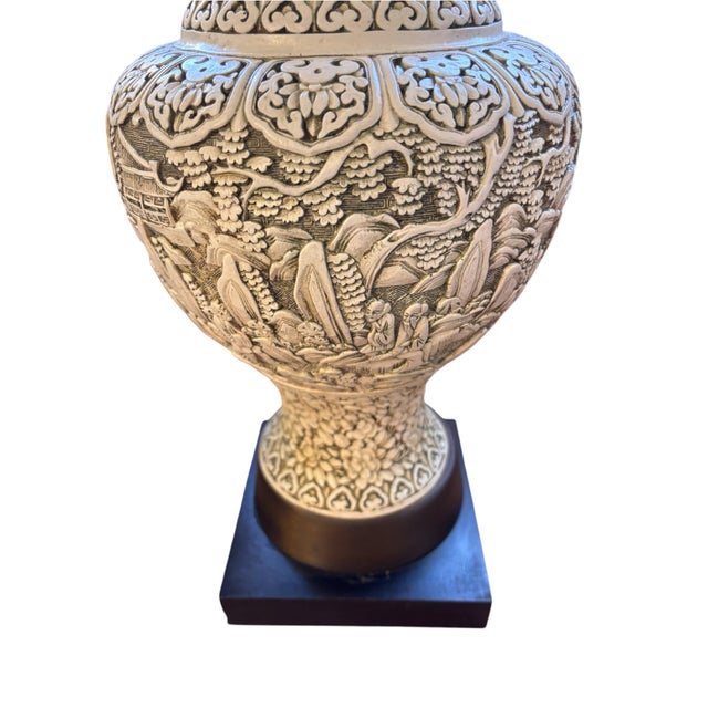Vintage Asian Chinoiserie Relief-Carved Table Lamp With Pleated Shade For Sale - Image 4 of 7