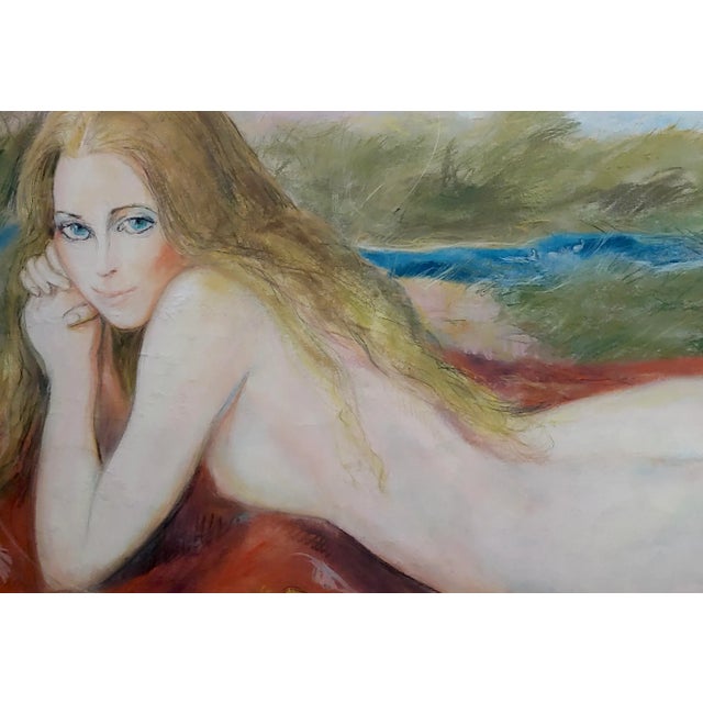 American 1970s Vintage "Nude Blonde Laying on a Outdoor Field" Painting by Sheldon C Schoenberg For Sale - Image 3 of 11