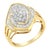 Two half spirals inlaid with baguette cut diamonds raise from the ring to encapsulate a round cut diamond cluster. A 10k...