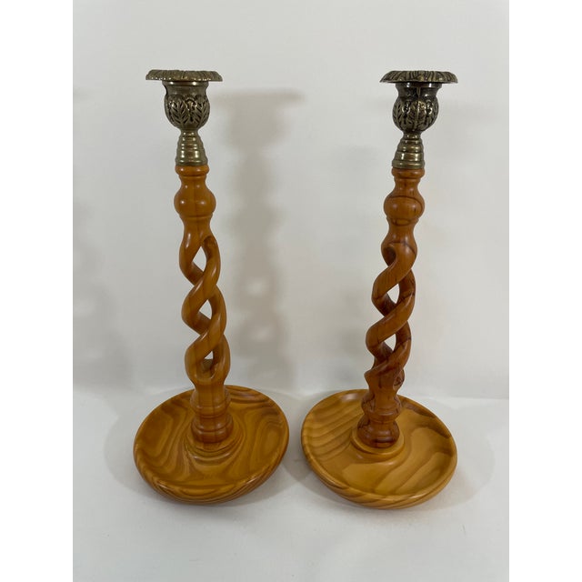 Vintage English Oak Open Barley Twist Candlesticks - A Pair For Sale - Image 12 of 15