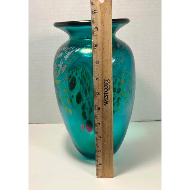 Rare Vintage Murano Iridescent Splatter Turquoise Art Glass Vase 10.5" For Sale In Los Angeles - Image 6 of 7