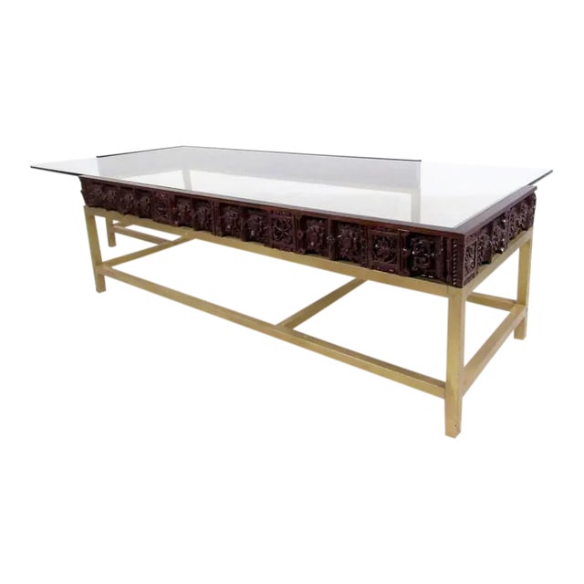 Vintage Modern Glass and Carved Wood Coffee Table For Sale