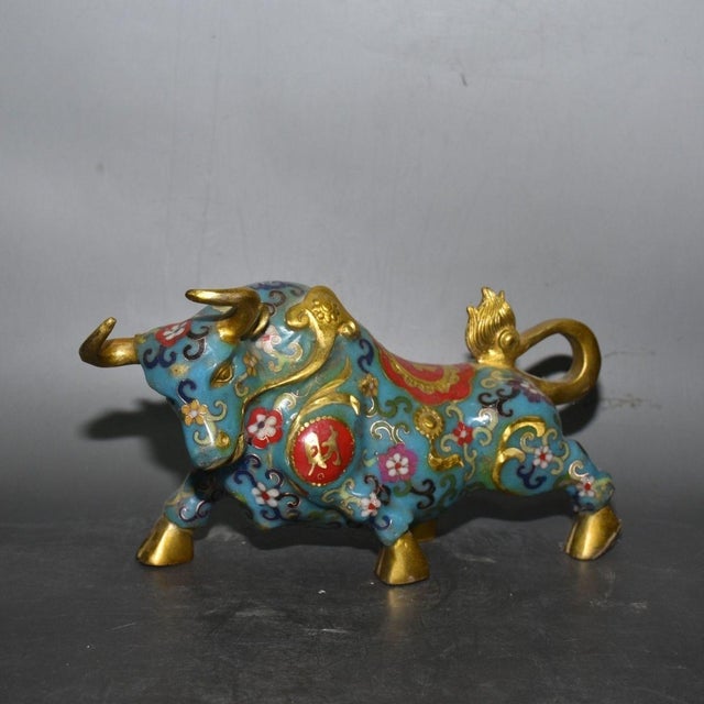 Vintage Cloisonne Enamel Bull Figurine – 11" Gilt Ox Sculpture With Floral Motif For Sale - Image 11 of 18