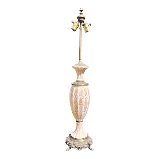 Mid- Century Milk Glass Gilded Dual Socket Table Lamp For Sale