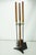 Vintage Mid-Century Modern fireplace tool set featuring long straight wood handles, brass-tone collars, and black...