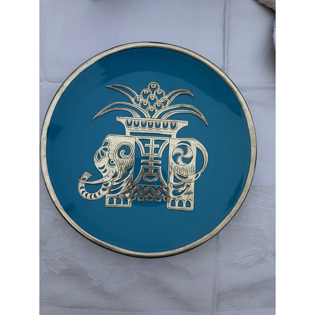 Mid 20th Century Mid 20th Century Asian Champlevé Style Turquoise Enamel & Pierced Metal Elephant Plate - 10" For Sale - Image 5 of 11