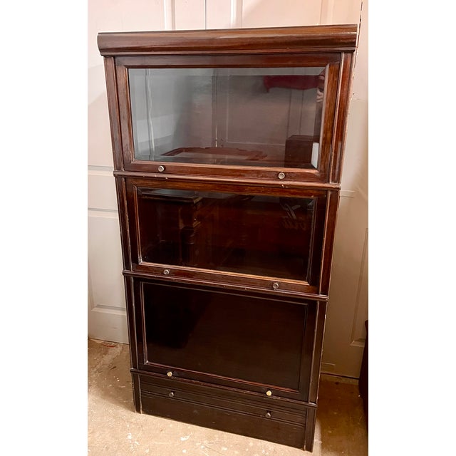 1940s French Mahogany 3-Stack Barrister Bookcase W/Beveled Glass For Sale - Image 4 of 13