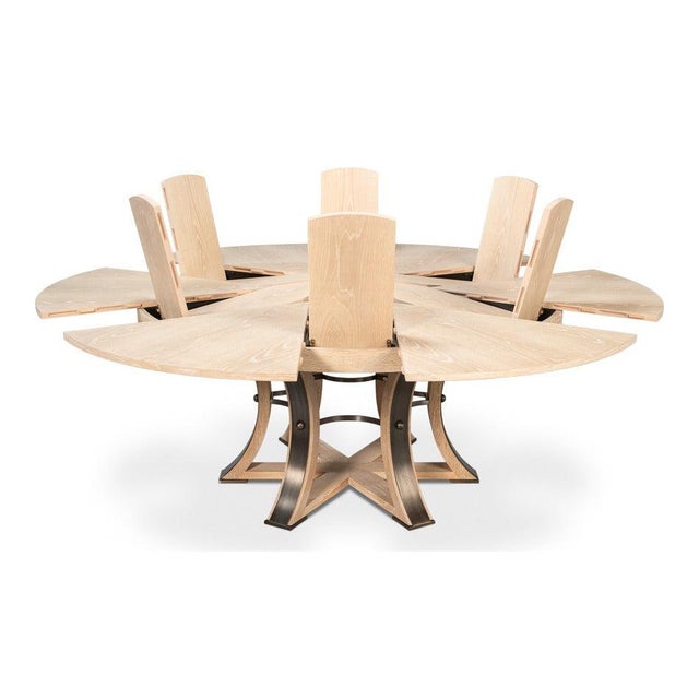 Transitional Round Dining Table, Large - Bleached Oak With Hammered Iron Base For Sale In Raleigh - Image 6 of 11