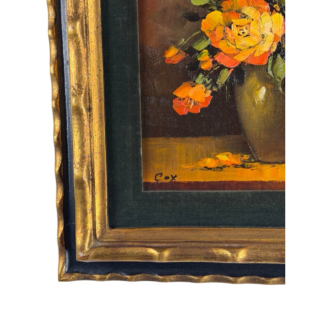 Vintage Signed Floral Still Life Painting, Cox- Yellow and Orange Roses in Gold-Toned Frame For Sale - Image 10 of 12