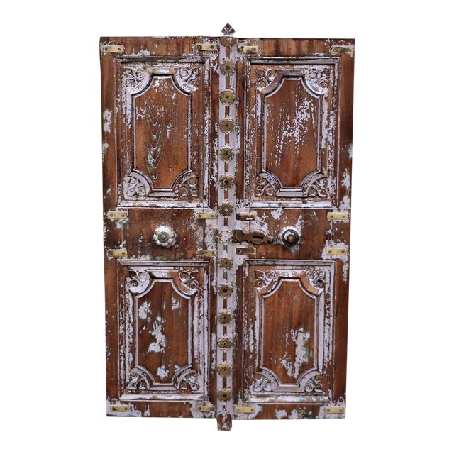 Vintage Lavender Color Patina Carved Teak & Brass Window For Sale
