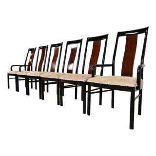 Drexel Heritage Mid-Century Modern Hollywood Regency Black Lacquer and Walnut High Back Dining Chairs, Set of Six For Sale