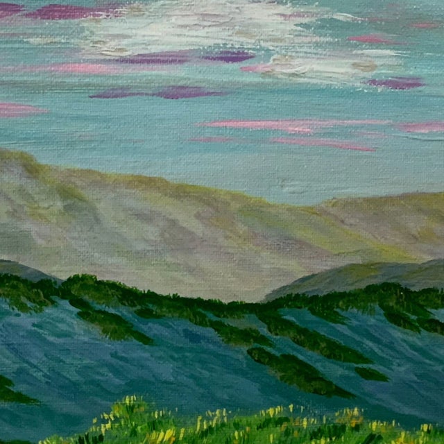 This gorgeous 12 x 9 painting is titled Home in the Hills and depicts a mountain landscape as well as green hillsides with...
