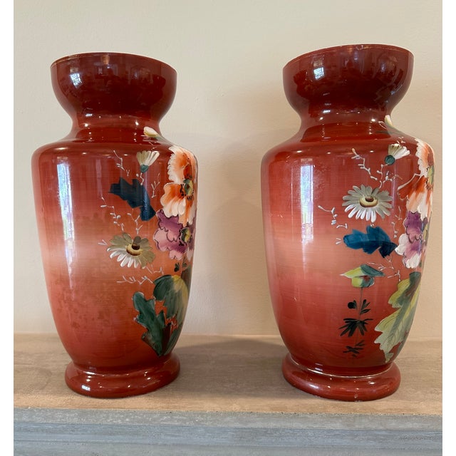 Pair of Large Bristol Milk Glass Victorian Floral Hand Painted Vases For Sale - Image 9 of 14