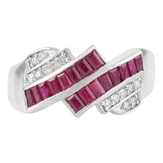 Art Deco Style Baguette Ruby & Diamond Statement Ring in 925 Silver Size 8 For Sale