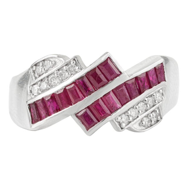 Art Deco Style Baguette Ruby & Diamond Statement Ring in 925 Silver Size 8 For Sale