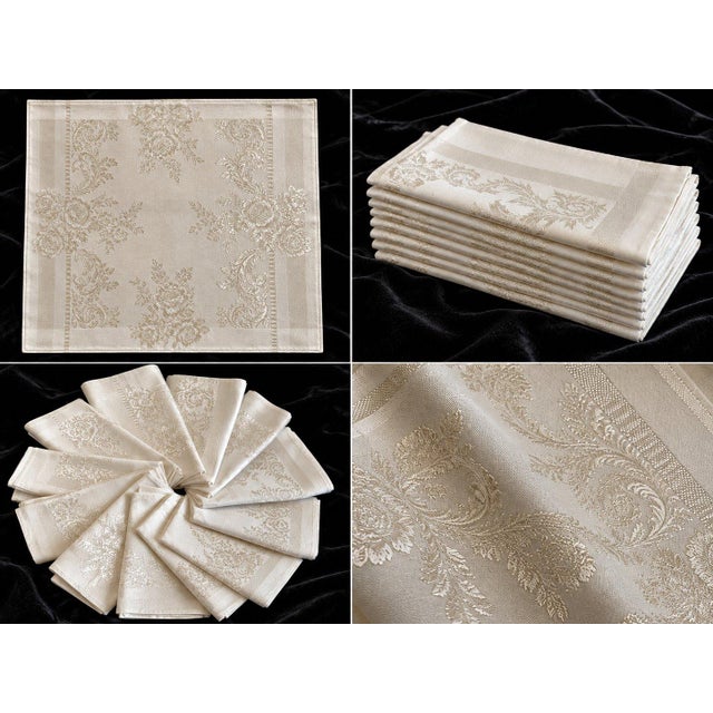 Beautiful cotton damask napkins featuring an elegant woven floral pattern with delicate roses and graceful scrollwork....