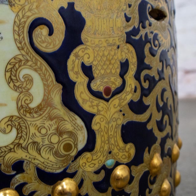 20th Century Chinoiserie Asian Garden Stool or Plant Stand Ornate Hand Painted Glazed Ceramic For Sale - Image 12 of 18