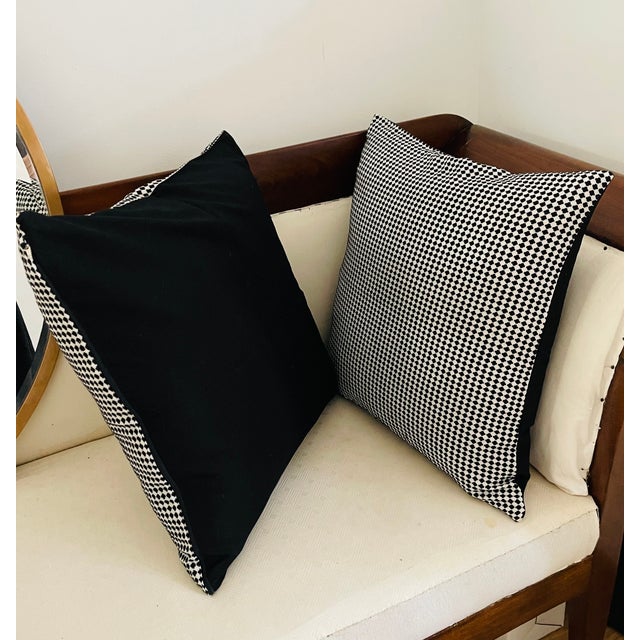 Vintage color block geometric textile pair of pillow shams , with black cotton back . 3 pairs available .