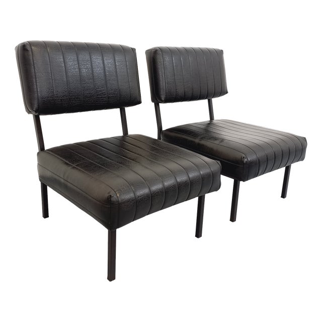 Vintage Modernist Lounge Chairs in Black Imitation Leather and Metal, 1960s, Set of 2 For Sale