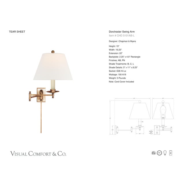 Transitional Chapman & Myers for Visual Comfort Signature Dorchester Swing Arm in Antique-Burnished Brass with Linen Shade For Sale - Image 3 of 4