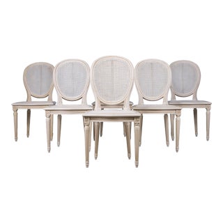 Antique French Louis XVI Style Painted Antique White Cane Dining Chairs - Set of 6 For Sale