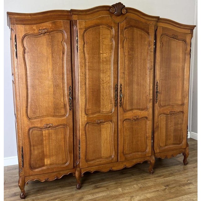 Vintage French Louis XVI Style Carved Oak 4-Door Wardrobe For Sale - Image 18 of 18