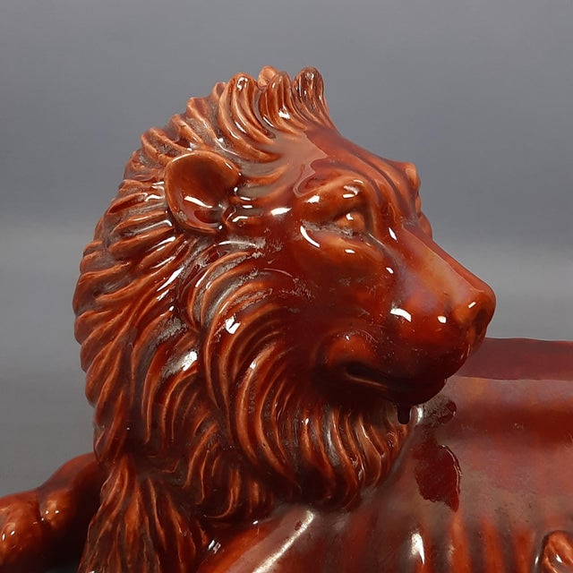 Maroon Iridescent Majolica Lion Sculpture, 1950s For Sale - Image 8 of 16
