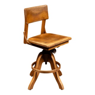 Antique Adjustable Wooden Swivel Drafting Stool For Sale
