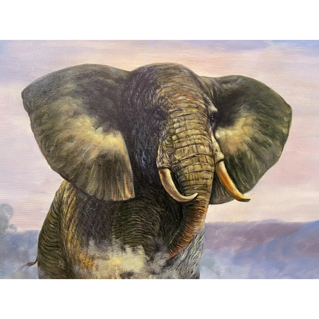 Gray Large Safari Framed Oil Painting of Charging Elephant 36x24 Canvas For Sale - Image 8 of 12