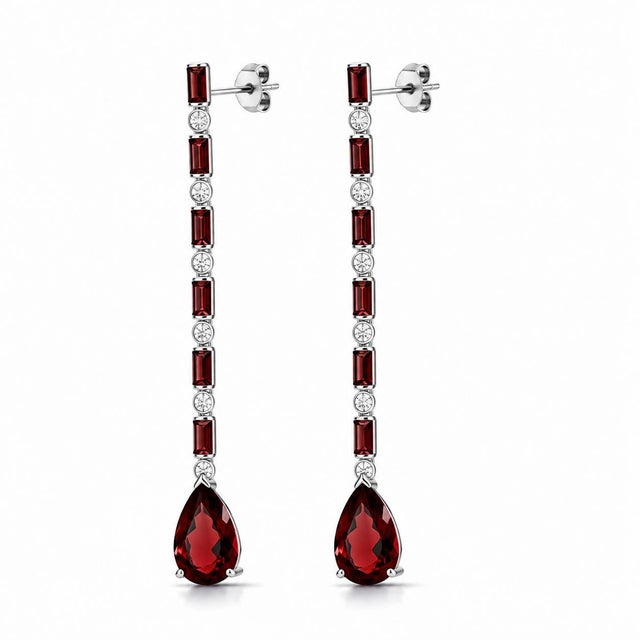 Garnet and Colorless Topaz Long Drop Earrings studs. Art Deco Inspired Garnet and Colorless Topaz Long Earrings. Geometric...