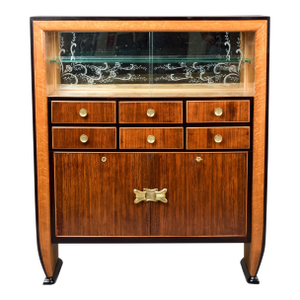 Italian Art Deco Cabinet With Glass Doors and Six Drawers