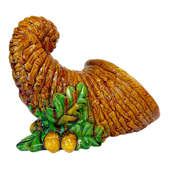 1980s Vintage Majolica Americana Rustic Thanksgiving Cornucopia Decorative Object. For Sale