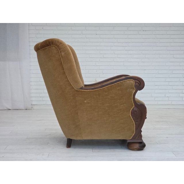 Danish Chair in Green Velour and Carved Oak, 1950s For Sale - Image 10 of 18