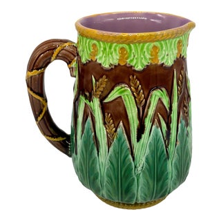 George Jones Majolica Wheat Pitcher With Green Acanthus Leaves, Ca. 1875 For Sale