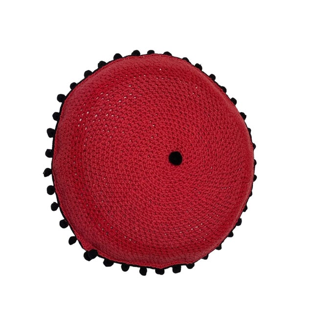 2000 - 2009 Handmade Round Red and Purple Crochet Pillow With Tassels For Sale - Image 5 of 7