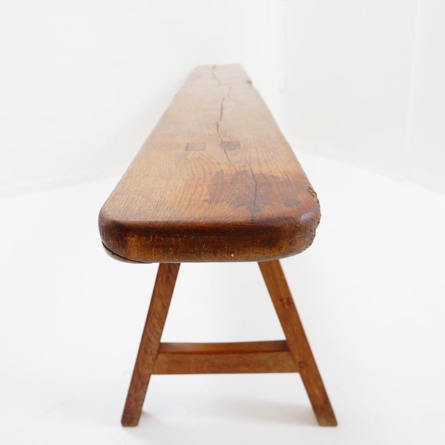 Brown Rustic Wood Farmhouse Bench with Trestle Legs, 1960s For Sale - Image 8 of 18