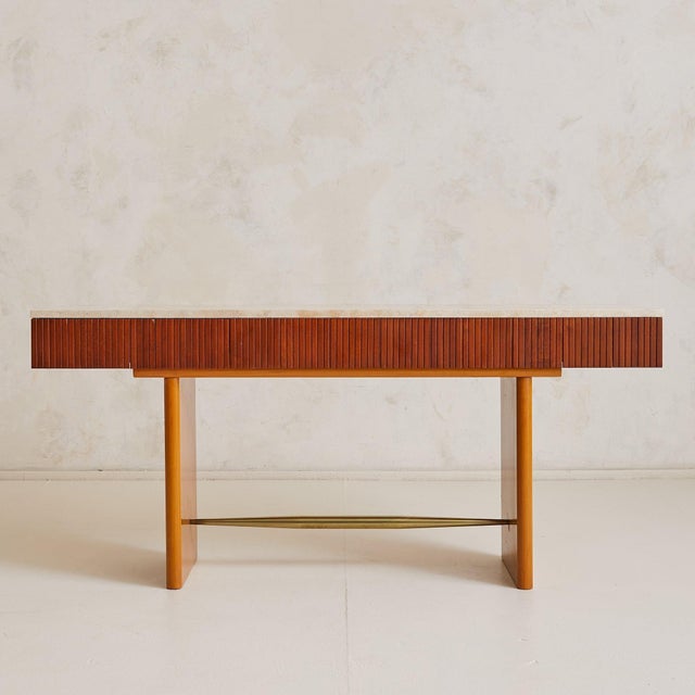 Italian Travertine + Slatted Wood Console Table with Brass Stretcher, 1970s For Sale - Image 4 of 11