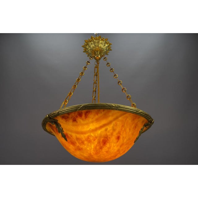 French Neoclassical Style Amber Alabaster and Bronze Pendant Light, 1920 For Sale - Image 11 of 18