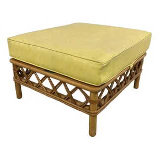 Mid 20th Century Ficks Reed Natural Rattan Square Ottoman With Vinyl Cushion For Sale
