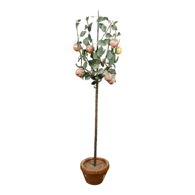 French 1930s Tôle and Glass Tree in Pot Sculpture with Orange and Yellow Fruits For Sale